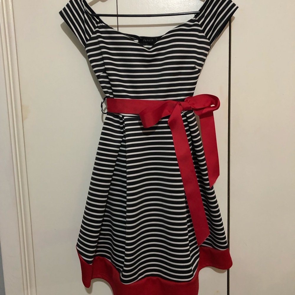 striped off the shoulder dress with red accents